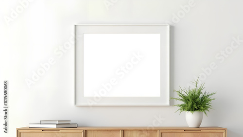 blank poster frame mockup on white wall living room with wooden sideboard with small green plant