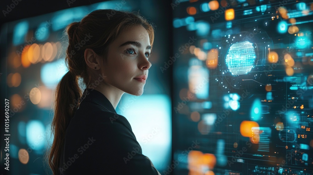 Young professional analyzing data in a futuristic workspace Young professional analyzing data in a futuristic workspace
