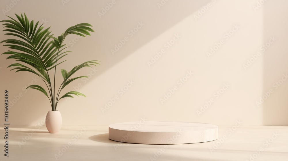 A white room with a large round table and a small vase with a palm tree in it A white room with a large round table and a small vase with a palm tree in it