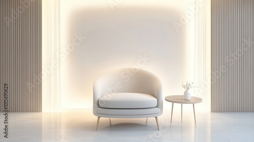 A white chair is sitting in front of a wall with a white background