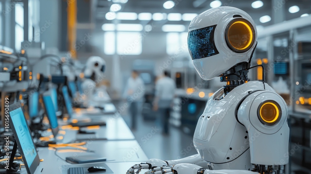 Advanced humanoid robot in a futuristic lab setting Advanced humanoid robot in a futuristic lab setting