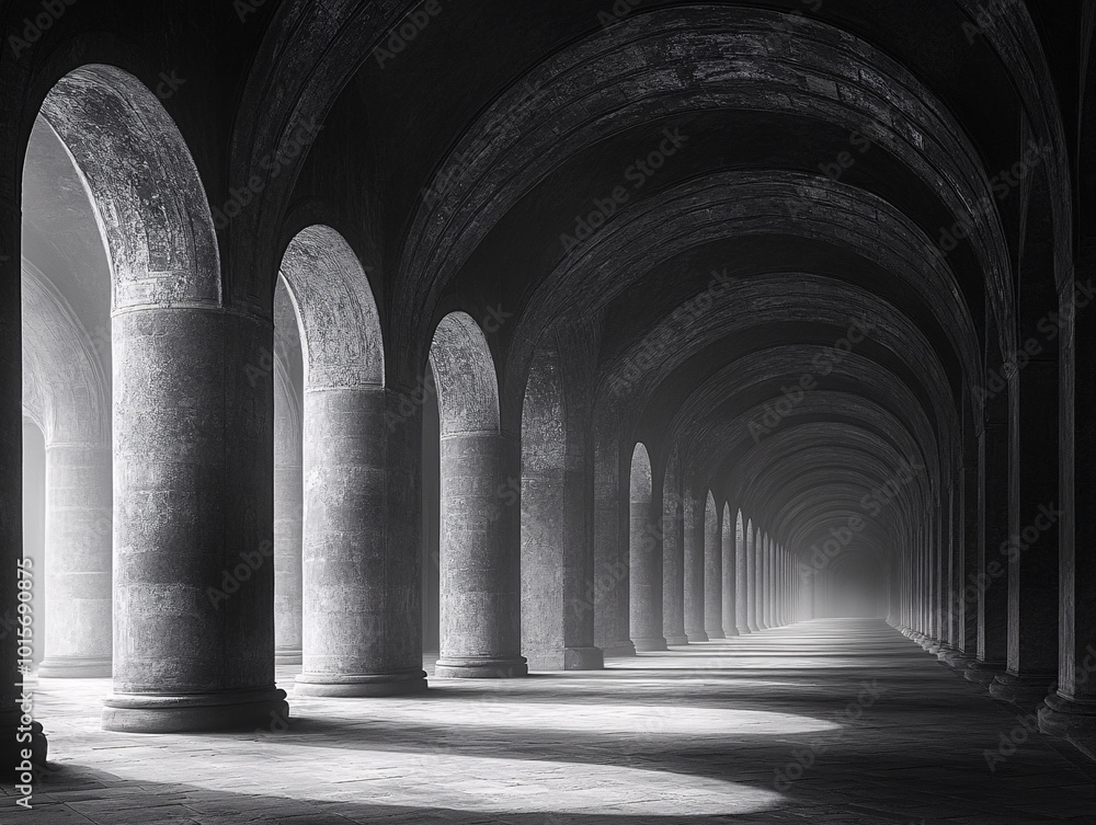 Obraz premium a black and white photo of a long hallway with arched doorways. The lighting creates a dramatic effect.