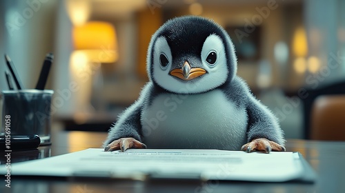 A penguin sits at a formal meeting table, discussing climate change's effects on business operations in the animal kingdom, a whimsical yet poignant depiction. photo