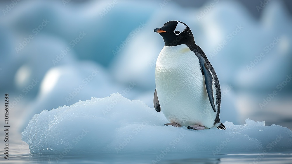 Naklejka premium A penguin stands on a solitary ice floe in the Arctic Ocean, a symbol of the shrinking habitats caused by global warming and environmental changes.