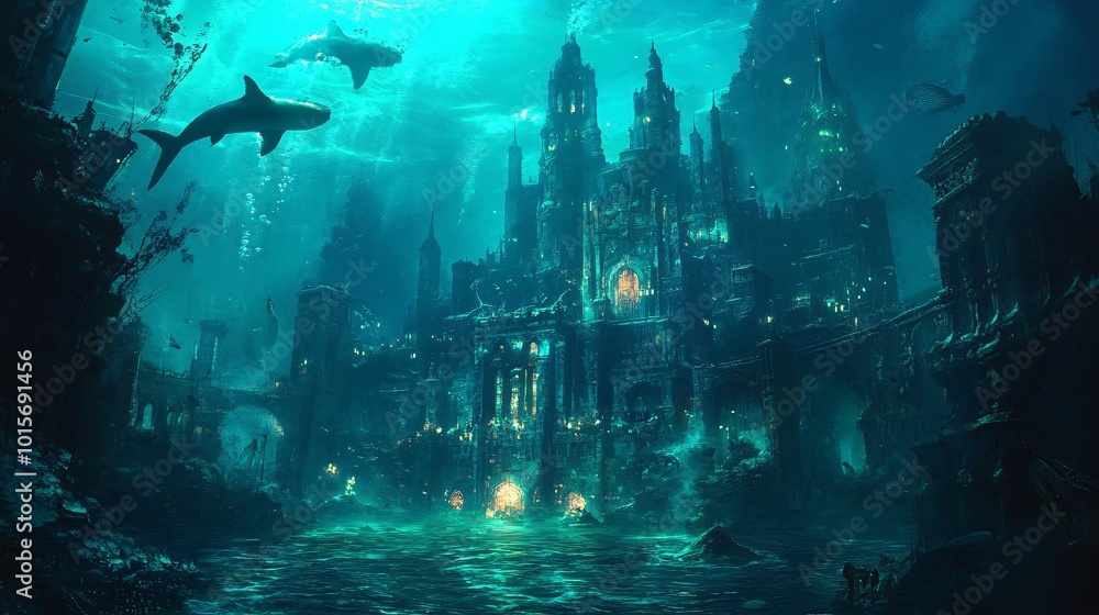 Illuminated Underwater City with Glowing Sea Life Illuminated Underwater City with Glowing Sea Life