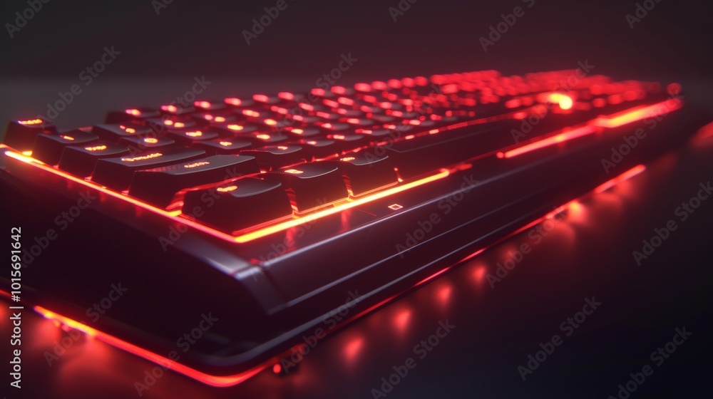 A dynamic image showcasing a gaming keyboard with illuminated red LED keys. The close-up shot highlights the futuristic design, ideal for technology, gaming, and electronics-related visuals. A dynamic image showcasing a gaming keyboard with illuminated red LED keys. The close-up shot highlights the futuristic design, ideal for technology, gaming, and electronics-related visuals.