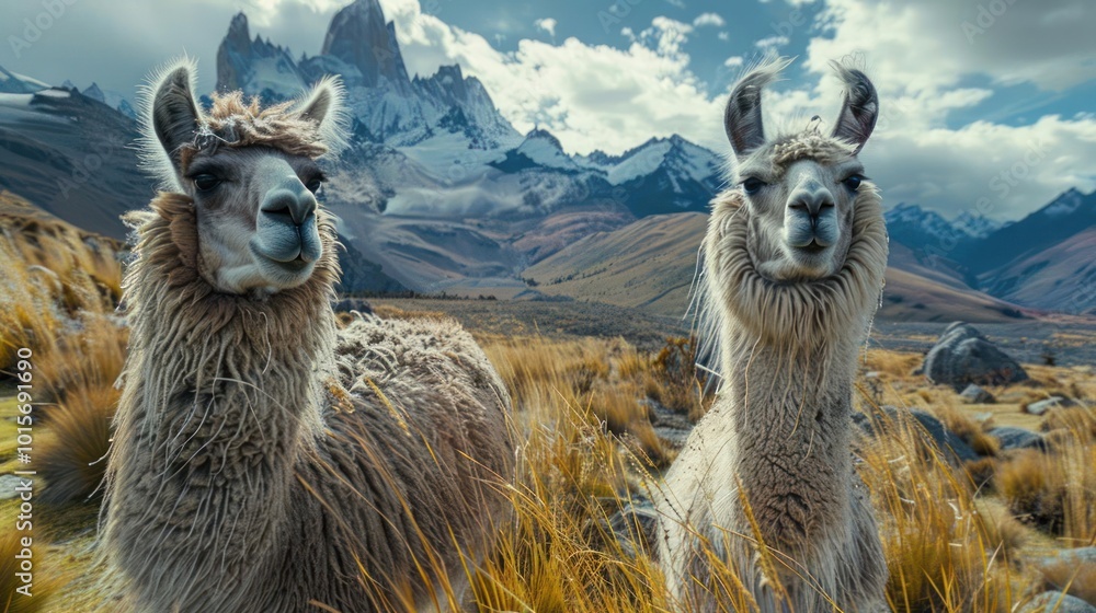 Obraz premium two llamas standing in a field with mountains in the background