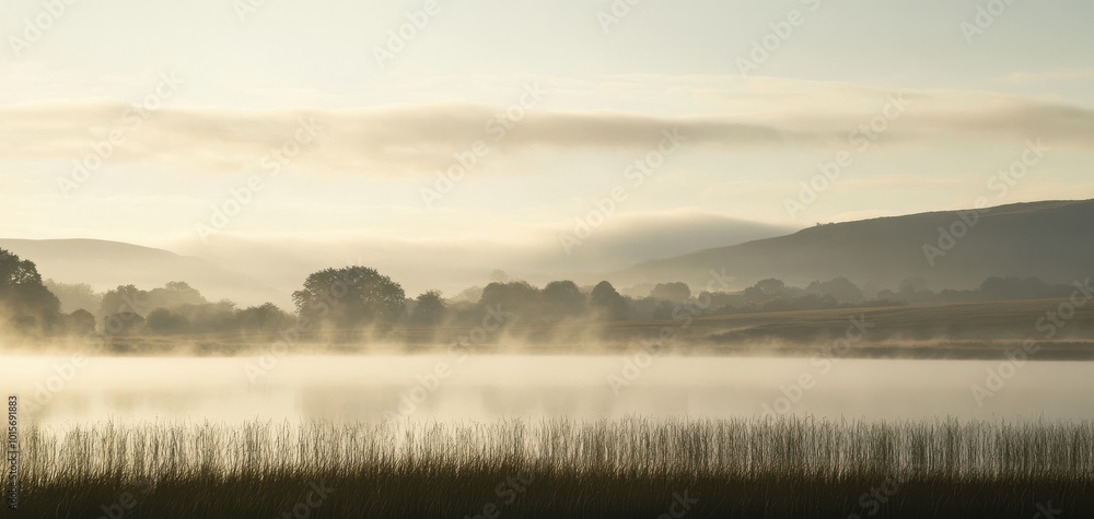Serene landscape with misty water and soft hills under a gentle morning light. Serene landscape with misty water and soft hills under a gentle morning light.