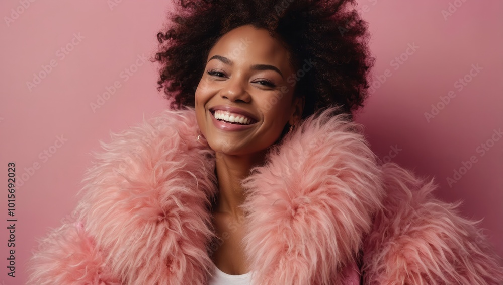 Smiling individual with afro hairstyle, wearing pink fur jacket, looking at camera Smiling individual with afro hairstyle, wearing pink fur jacket, looking at camera