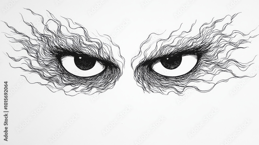Obraz premium A pair of intense eyes drawn with intricate detail, each surrounded by swirling lines.
