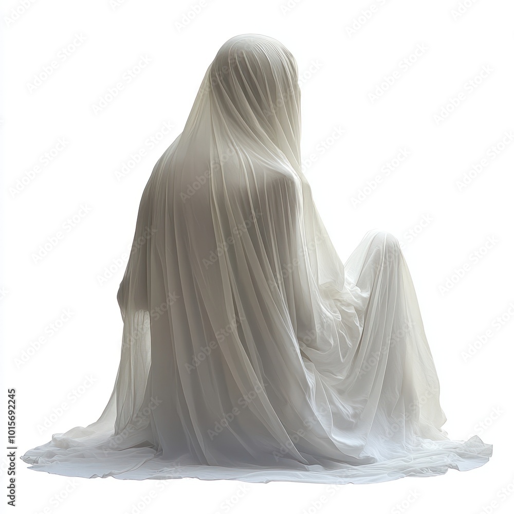 A ghostly figure from history, isolated on a clean white background, wearing period clothing and translucent A ghostly figure from history, isolated on a clean white background, wearing period clothing and translucent
