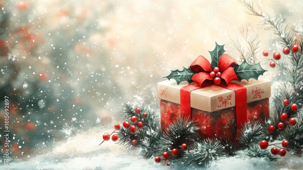 Festive Holiday Gift Surrounded by Snow and Pine Festive Holiday Gift Surrounded by Snow and Pine