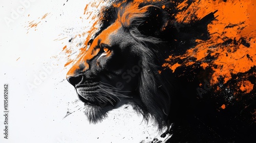 Majestic Lion Portrait with Vibrant Orange and Black Abstract Paint Splashes on White Background