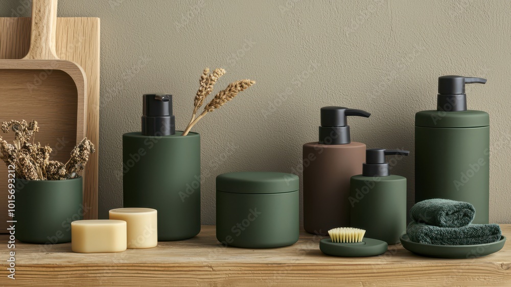 Stylish green and brown bottles with natural decor on a wooden surface. Stylish green and brown bottles with natural decor on a wooden surface.