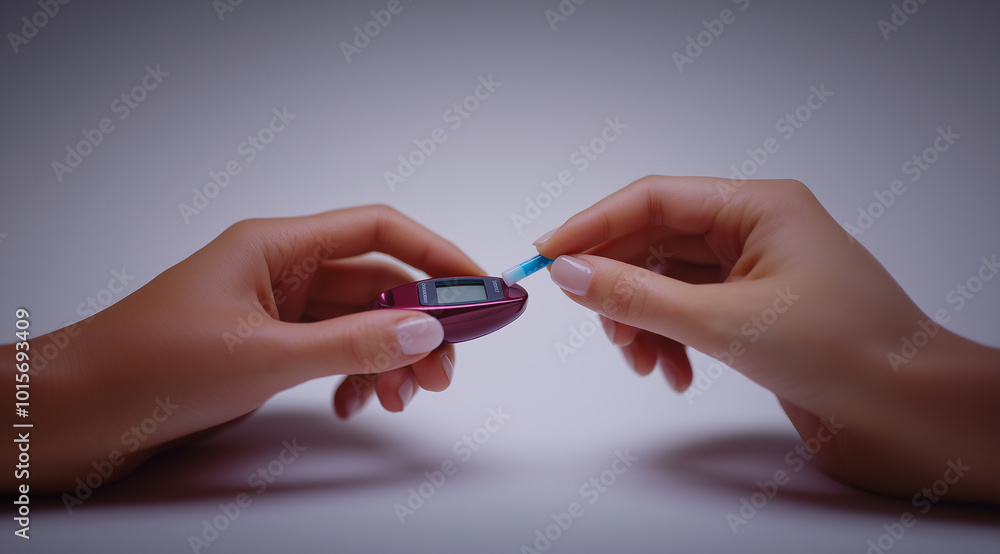 Red glucometer in hands, created with Generative AI technology. Red glucometer in hands, created with Generative AI technology.
