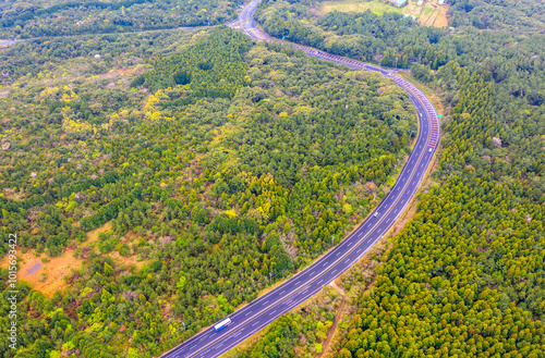 Aerial view of road 516 in the middle of Hallasan Mt near Seogwipo-si, Jeju Island, Korea photo