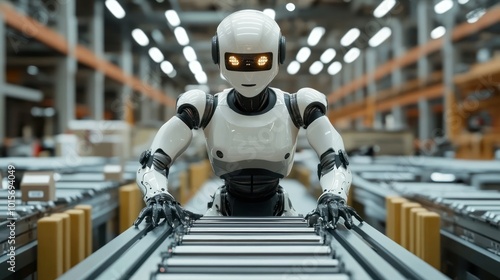 Robot Working on Conveyor Belt in Warehouse