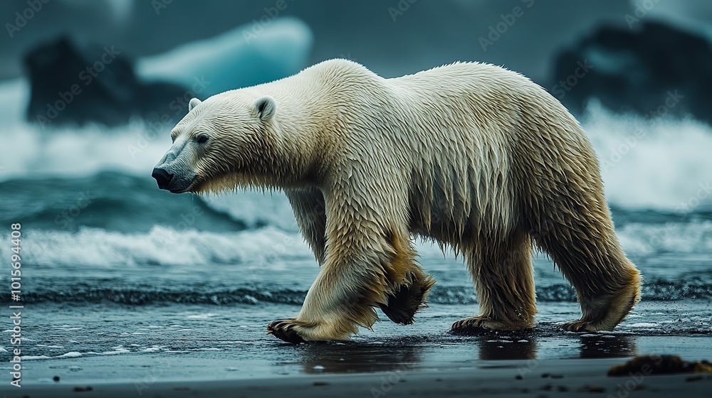 A polar bear walks along the beach, symbolizing the region’s endangered wildlife. A polar bear walks along the beach, symbolizing the region’s endangered wildlife.