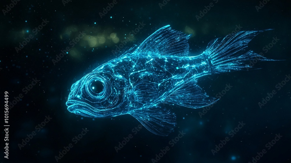Fototapeta premium Glowing Lanternfish Swimming in Dark Waters
