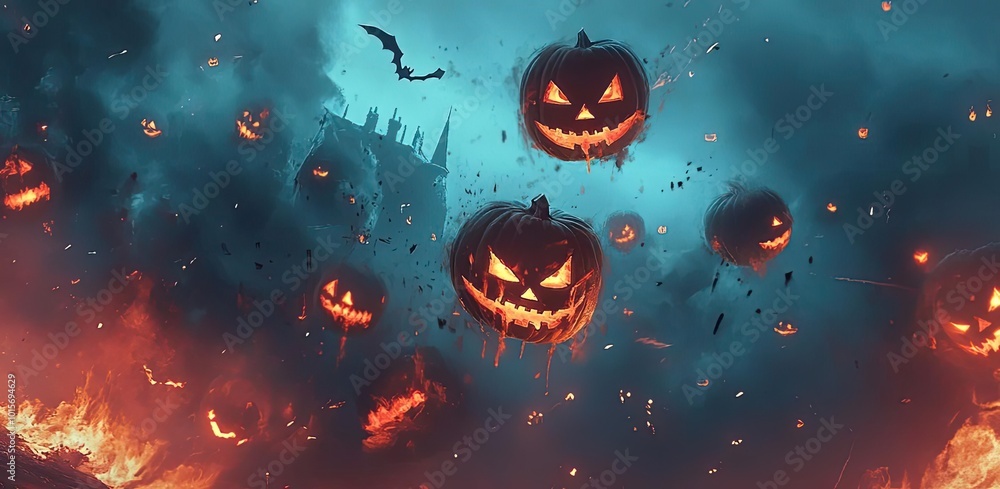 A haunting Halloween landscape features glowing pumpkins floating in a dark, misty sky, creating a mystical, eerie atmosphere. A haunting Halloween landscape features glowing pumpkins floating in a dark, misty sky, creating a mystical, eerie atmosphere.