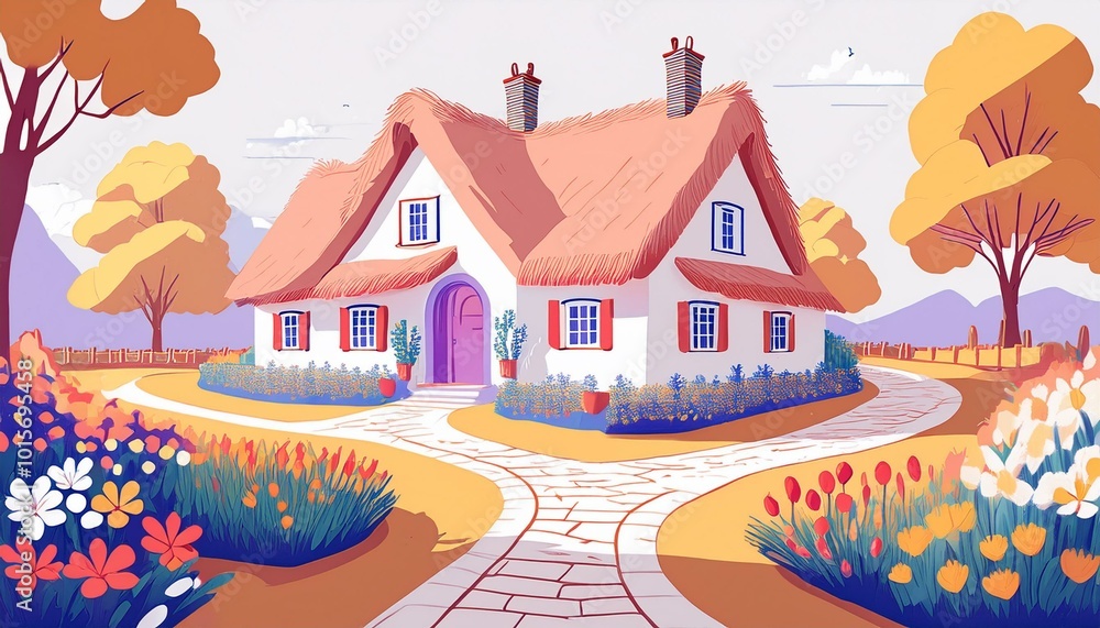 Naklejka premium Charming cottage with garden path