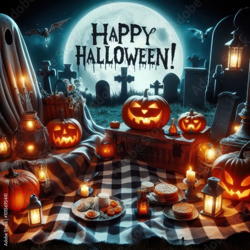 Happy Halloween Background, A whimsical yet spooky Halloween picnic set up in a graveyard, with a checkered blanket, carved pumpkins, and ghostly apparitions. photo