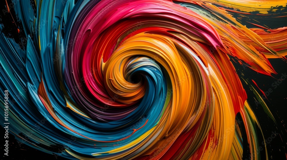 A dynamic swirl of vibrant paint with rich blue, red, yellow, and orange tones, creating an energetic abstract composition. The bold, flowing colors give a sense of motion and intensity, perfect for