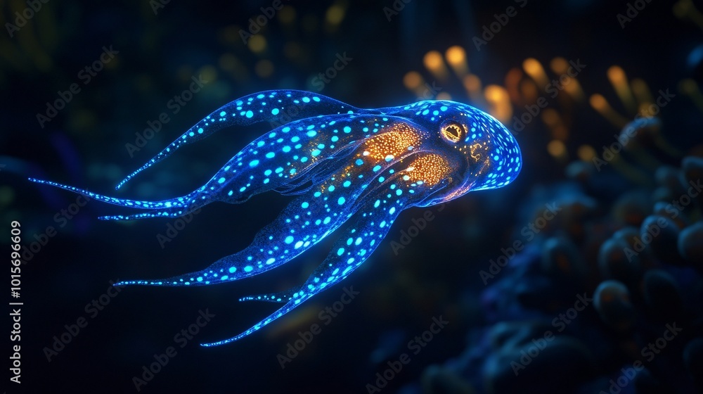 Bioluminescent Squid Floating in Dark Waters Bioluminescent Squid Floating in Dark Waters