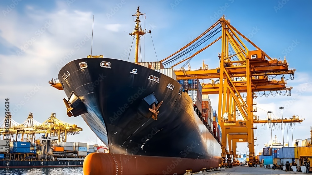 Obraz premium Large cargo ship anchored in harbor during port strike, surrounded by empty docks and cranes, symbolizing halted operations and economic impact