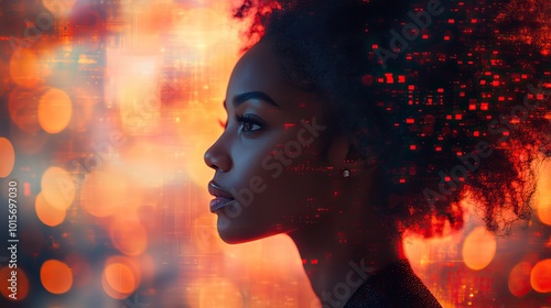 A profile silhouette of a black woman deep in thought, blended with a science and technology theme.