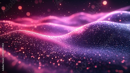 A purple background filled with glowing particles resembling a stream, symbolizing information technology in 3D rendering.