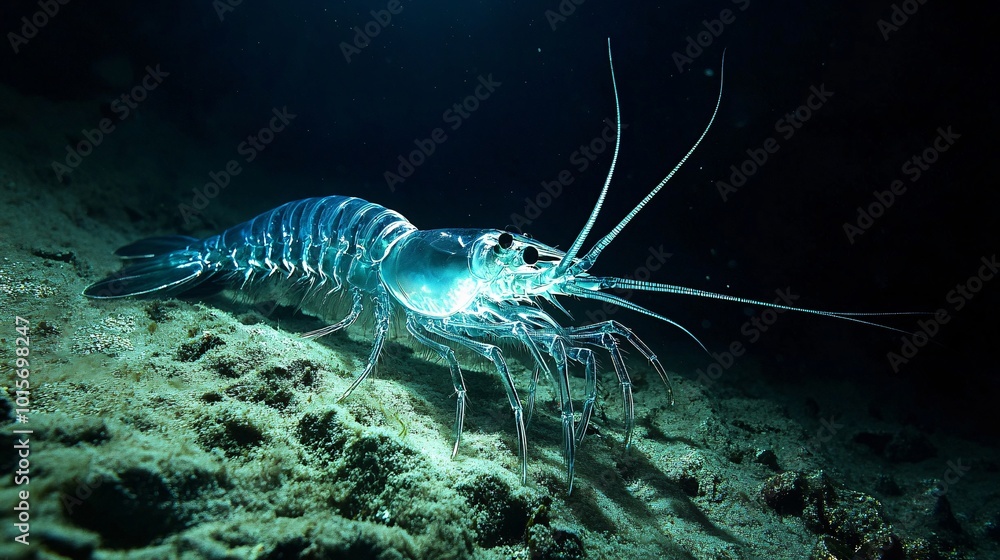 Glowing Shrimp Scuttling in Deep Ocean Waters Glowing Shrimp Scuttling in Deep Ocean Waters