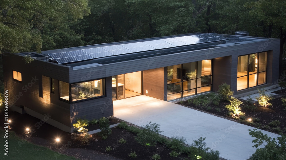 A modern home with a sleek design, featuring solar panels on the roof and large windows, illuminated by the warm glow of indoor lights. A modern home with a sleek design, featuring solar panels on the roof and large windows, illuminated by the warm glow of indoor lights.