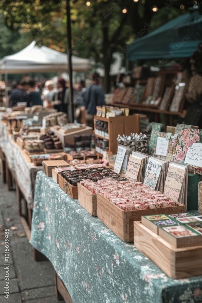 Craft fair with handmade items for sale. Artisans are showcasing their work and talking to customers, Generative AI Craft fair with handmade items for sale. Artisans are showcasing their work and talking to customers, Generative AI