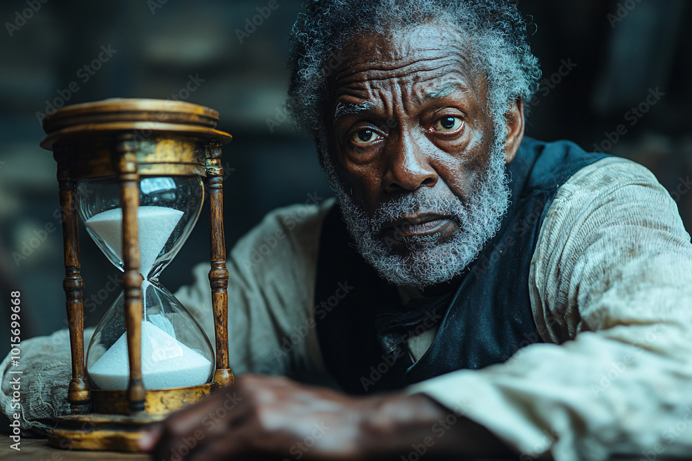 © MacAttack Creations - serious old man with grey hair and beard looking at hourglass  in dim light