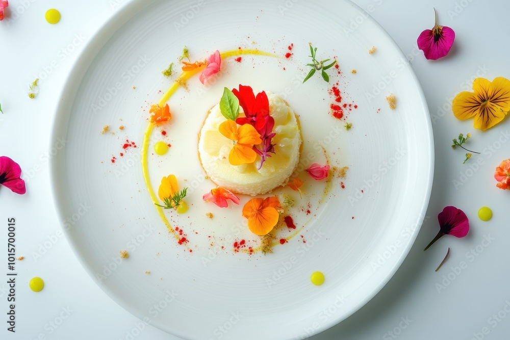 AI generative, White Plate with a Dessert Topped with Edible Flowers and Drizzled with Yellow Sauce AI generative, White Plate with a Dessert Topped with Edible Flowers and Drizzled with Yellow Sauce