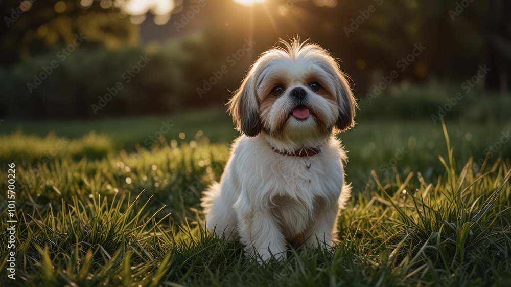 A small, white dog with brown markings sits in a grassy field, looking up at the setting sun. A small, white dog with brown markings sits in a grassy field, looking up at the setting sun.