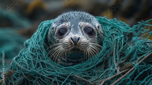 A seal is tangled in a fishing net in this AI-generated image, illustrating the harmful effects of human pollution on wildlife. photo