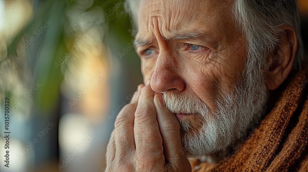 A senior man wakes with allergies and a stuffy nose, emphasizing the link between climate change and increased health issues in elderly populations. A senior man wakes with allergies and a stuffy nose, emphasizing the link between climate change and increased health issues in elderly populations.