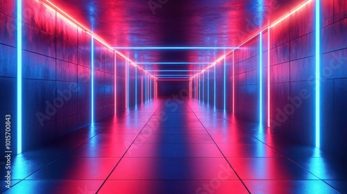 a long hallway with red and blue lights