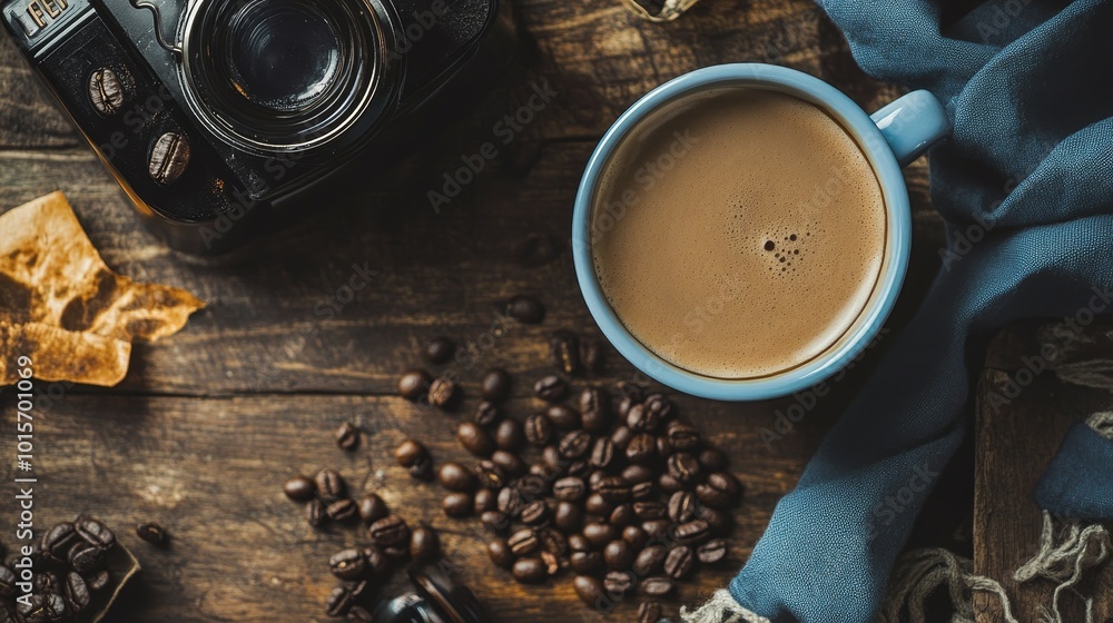 Capture the essence of International Day of Coffee with a top-view real picture of a beautifully arranged coffee setup, featuring a cup of rich, steaming coffee, scattered coffee beans, a spoon Capture the essence of International Day of Coffee with a top-view real picture of a beautifully arranged coffee setup, featuring a cup of rich, steaming coffee, scattered coffee beans, a spoon