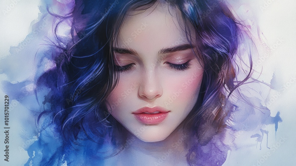 Fototapeta premium A beautiful woman with her eyes closed, surrounded by purple and blue watercolor.
