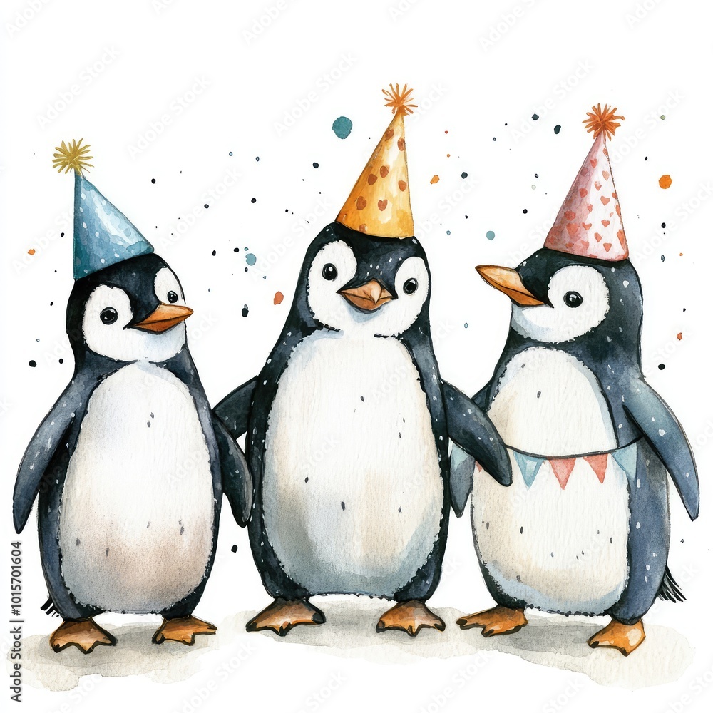Obraz premium Whimsical Watercolor Penguins in Party Hats