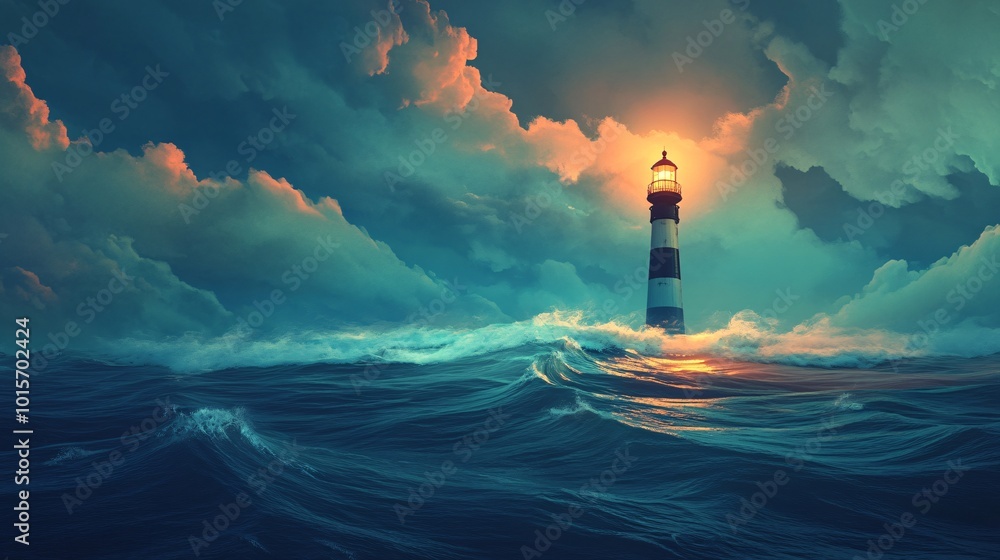 Giant Lighthouse in the Ocean at Dusk Giant Lighthouse in the Ocean at Dusk
