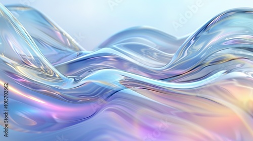 A dynamic 3D rendering of iridescent waves flowing across a soft pastel background. The fluid texture and soft lighting create an ethereal, almost futuristic look with a sense of motion and light