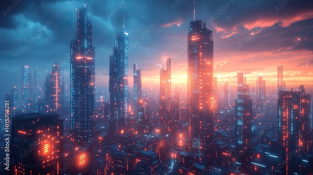 Fototapeta premium A smart city concept in the metaverse, featuring futuristic skyscrapers and digital connections.