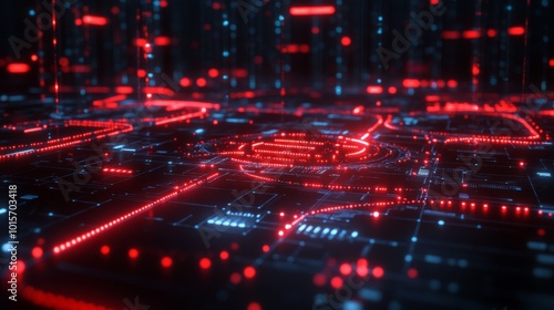 Abstract Digital Interface with Glowing Red Lines and Circuitry