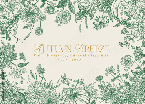 Floral Frame. Pompkins and Flowers. Autumn BackGround. Green.