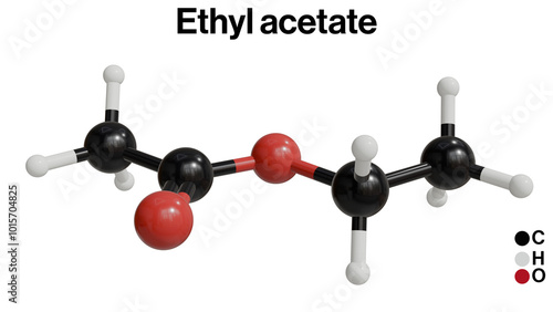 3D Illustration of Ethyl Acetate Chemical Structure: Detailed Molecular Model in White Background