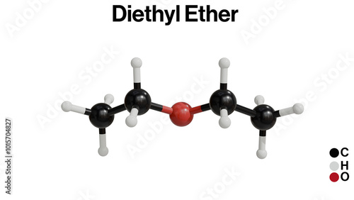 3D Illustration of Diethyl Ether Chemical Structure on White Background: Molecular Model Highlighting Atom Bonding and Spatial Arrangement